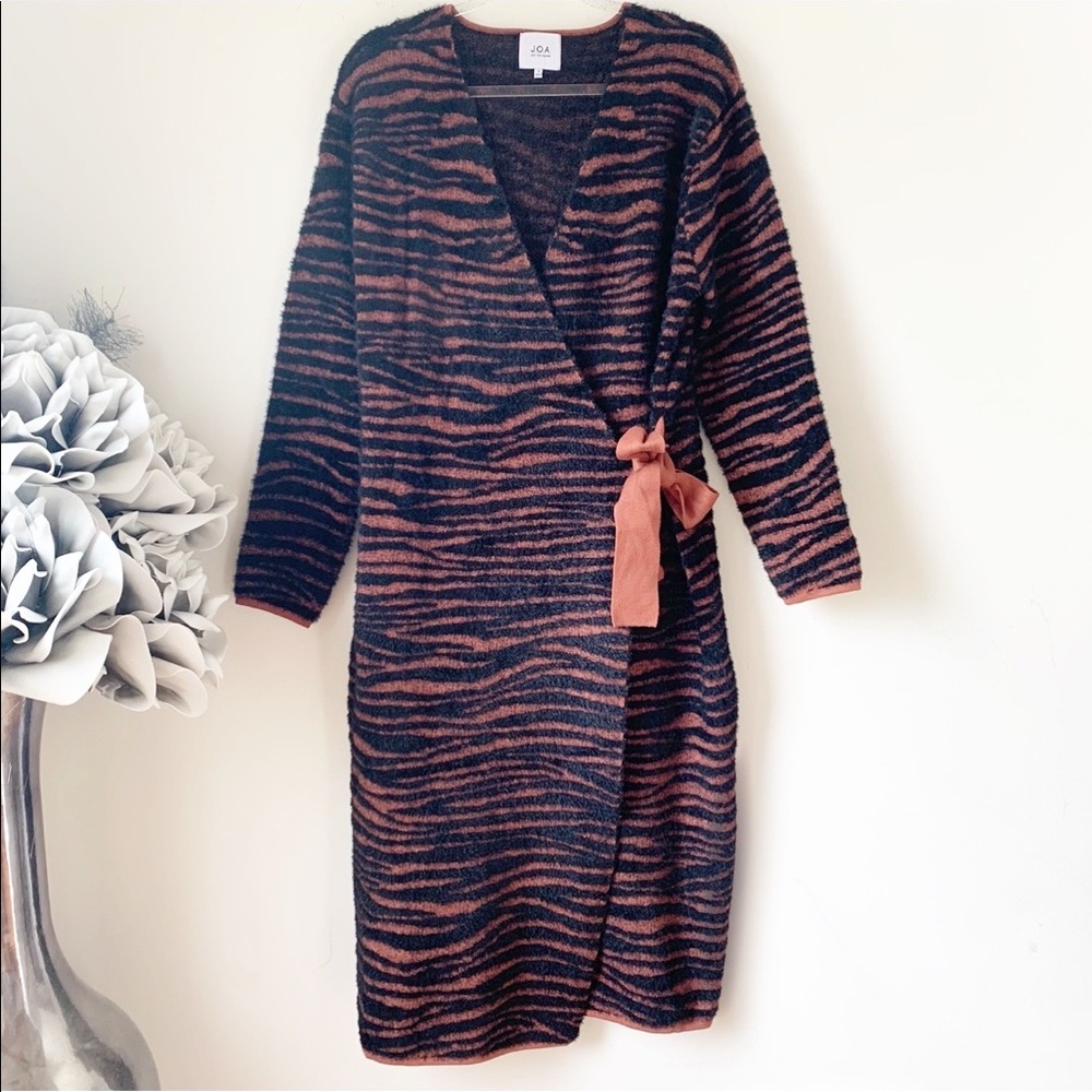 J.O.A. Zebra Print Fuzzy Sweater Duster Waist Tie… - image 2